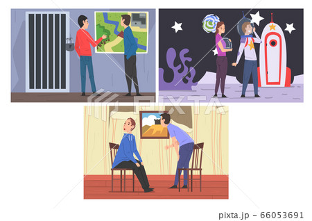 Escape Room Interiors Set, Reality Quest with People Trying to Seek Treasures and Solving Puzzle Vector Illustration 66053691