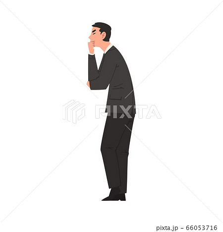 Thoughtful Businessman in Suit Standing and Holding Hand on Chin, Side View Vector Illustration 66053716