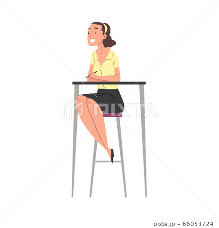 Young Woman Sitting on High Chair at Desk, Smiling HR Manager Character Vector Illustration 66053724