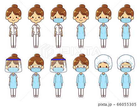 個人防護具 Ppe を装着した看護師 女性 イラスト セットのイラスト素材