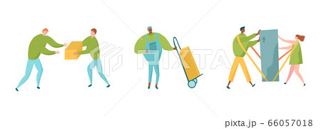 Delivery service characters set with messengers, postman with push cart and couple using shoulder straps. Delivery service characters set with messengers, postman with push cart and couple using shoulder straps. 66057018