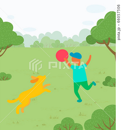 Outdoor Activity, Boy Playing with Dog in Park Outdoor Activity, Boy Playing with Dog in Park 66057506