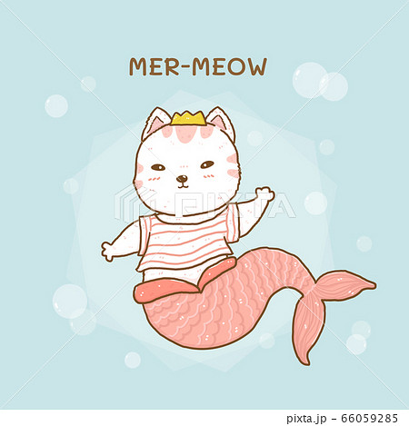 cute little cat mermaid meow with bubbles on blue 66059285