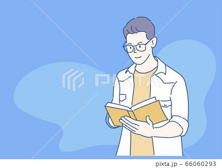 Young happy man wearing eyeglasses reading book and smiling. Hand drawn in thin line style, vector illustrations. Young happy man wearing eyeglasses reading book and smiling. Hand drawn in thin line style, vector illustrations. 66060293