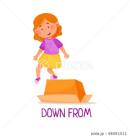 Little Red Haired Girl Stepping Down From Carton Box as Preposition of Movement Vector Illustration 66061012