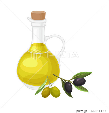 Glass Jar of Olive Oil with Olive Twig Rested Nearby Vector Composition 66061133