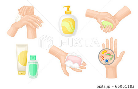Hand Washing and Cleansing Using Bar of Soap and Soap Dispenser Vector Illustrations Set 66061182