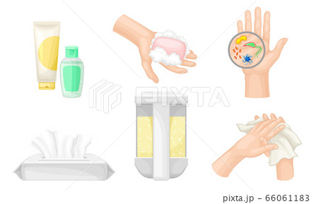 Hand Washing and Cleansing Using Bar of Soap and Soap Dispenser Vector Illustrations Set Hand Washing and Cleansing Using Bar of Soap and Soap Dispenser Vector Illustrations Set 66061183