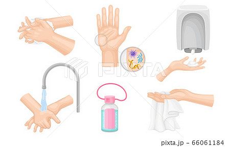Hands Washing and Cleansing Using Soap Dispenser and Antibacterial Wet Wipes Vector Illustrations Set Hands Washing and Cleansing Using Soap Dispenser and Antibacterial Wet Wipes Vector Illustrations Set 66061184