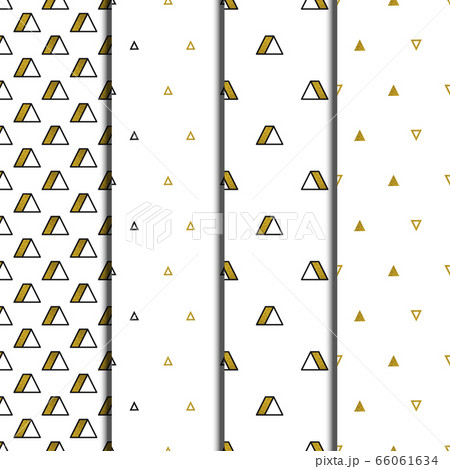 Gold triangles patterns set on white background. Abstract seamless repeating patterns. Minimal design with golden glittering geometric shapes. Vector illustration. 66061634