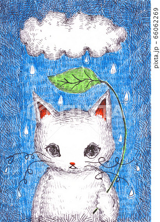 雨の日のネコ 使用画材 色鉛筆 ボールペン のイラスト素材