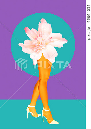 Flower bud and women's beautiful legs in acid color tights and high heels shoes on a colorful background. Disco light. Funny surreal modern art collage in magazine style, pop art, zine culture. 66064035
