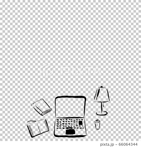 部屋の中でのパソコンの作業（墨のイラスト） 66064344
