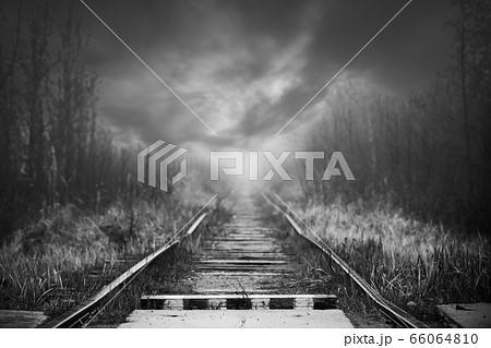 Empty railway perspective and striped wooden Empty railway perspective and striped wooden 66064810