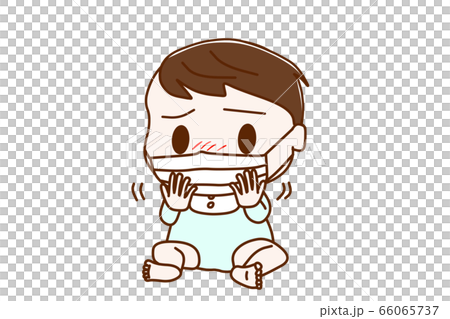予防のためのマスクを嫌がるお座りの男の子の赤ちゃん 66065737