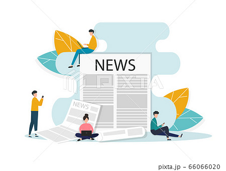 People with gadgets and huge newspaper with header on white background, vector illustration in flat style 66066020