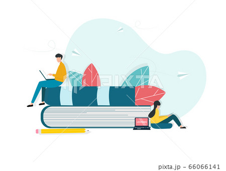 Online education. People studying around pile of books on white background, vector illustration in flat style 66066141