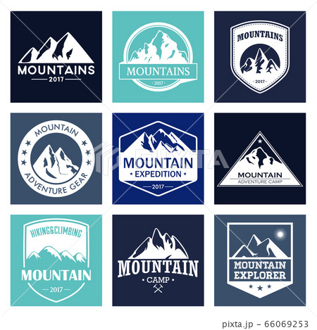 Mountain travel, outdoor adventures logo set. Hiking and climbing labels or icons for tourism organizations, events, camping leisure. Mountain travel, outdoor adventures logo set. Hiking and climbing labels or icons for tourism organizations, events, camping leisure. 66069253