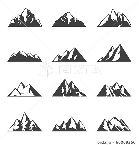 Vector mountain set. Simple black and white icons or design templates. Travel, hiking, camping theme. Vector mountain set. Simple black and white icons or design templates. Travel, hiking, camping theme. 66069260