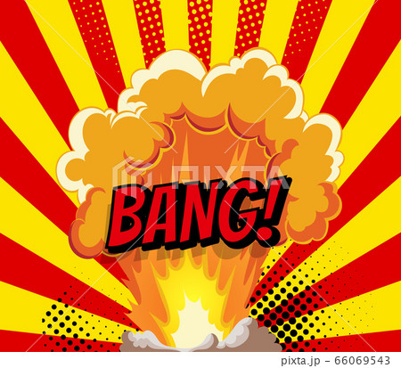 Cartoon explosion effect with smoke. Retro boom banner. Comic book explosion bang on sunbeam striped background 66069543