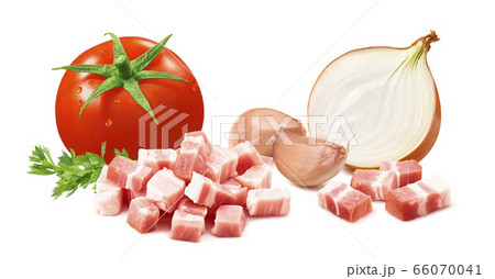 Amatriciana sauce ingredients. Tomato, onion, bacon and garlic isolated on white background 66070041