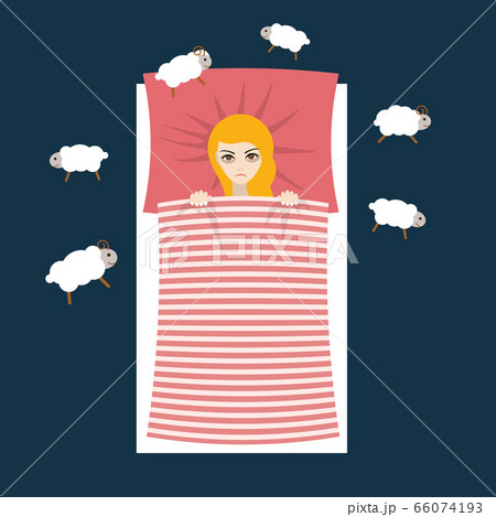 Woman with sleep problems and insomnia symptoms versus good sleep man.Flat illustration. Woman with sleep problems and insomnia symptoms versus good sleep man.Flat illustration. 66074193