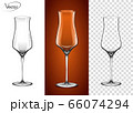 A glass for cognac and Armagnac. Empty glass on a transparent background and on a cognac background. Tableware for drinks made of glass. Realistic, highly detailed layout. 3d, vector. 66074294