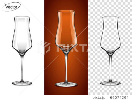 A glass for cognac and Armagnac. Empty glass on a transparent background and on a cognac background. Tableware for drinks made of glass. Realistic, highly detailed layout. 3d, vector. 66074294