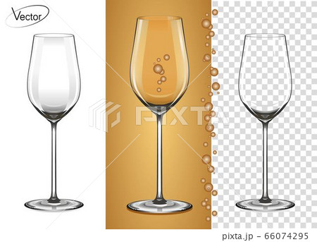 Empty glass on a transparent background and on an amber background. Glass for white wine and champagne with bubbles. Tableware for drinks made of glass. Realistic, highly detailed layout. 3d, vector. 66074295
