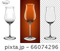 Realistic, highly detailed layout. The effect of 3d, vector. A glass for cognac and Armagnac. Empty glass on a transparent background and on a cognac background. Tableware for drinks made of glass. 66074296