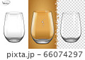 Tableware for drinks made of glass. Empty glass on a transparent background and on an amber background. Glass for white wine and champagne with bubbles. Realistic, highly detailed layout. 3d, vector. 66074297
