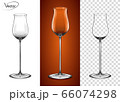 Empty glass on a transparent background and on a cognac background. Tableware for drinks made of glass. A glass for cognac and Armagnac. Realistic, highly detailed layout. 3d, vector. 66074298