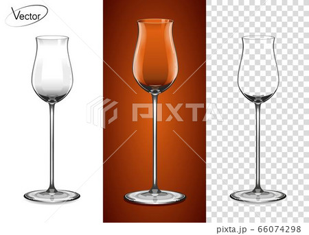 Empty glass on a transparent background and on a cognac background. Tableware for drinks made of glass. A glass for cognac and Armagnac. Realistic, highly detailed layout. 3d, vector. 66074298