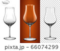 Realistic, highly detailed layout. A glass for cognac and Armagnac. Empty glass on a transparent background and on a cognac background. Tableware for drinks made of glass. The effect of 3d, vector. 66074299