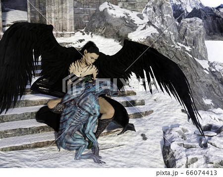 Epic: Fallen angel with the creature from hell. 3d illustration.	 66074413