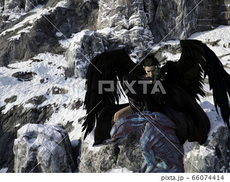 Epic: Fallen angel with the creature from hell. 3d illustration.	 66074414