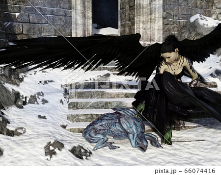 Epic: Fallen angel with the creature from hell. 3d illustration.	 66074416