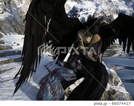 Epic: Fallen angel with the creature from hell. 3d illustration.	 66074417