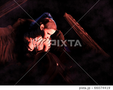 Epic: Fallen angel with the creature from hell. 3d illustration.	 66074419
