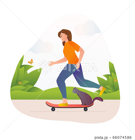 Girl with cat riding on a bicycle 66074586