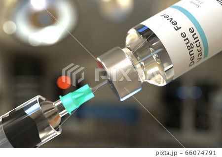 Glass vial with dengue fever vaccine and needle of a syringe. 3D rendering 66074791