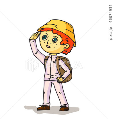 Cartoon boy hiker with backpack on white Cartoon boy hiker with backpack on white 66074952