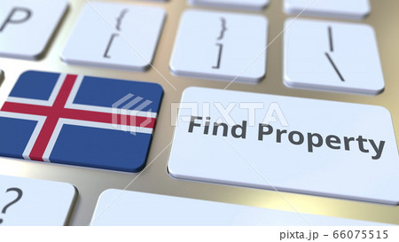 Find Property text and flag of Iceland on the keyboard. Online real estate service related conceptual 3D rendering 66075515