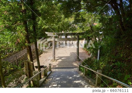 島根県松江市玉作湯神社の石段から参道下の鳥居を見る 66076111