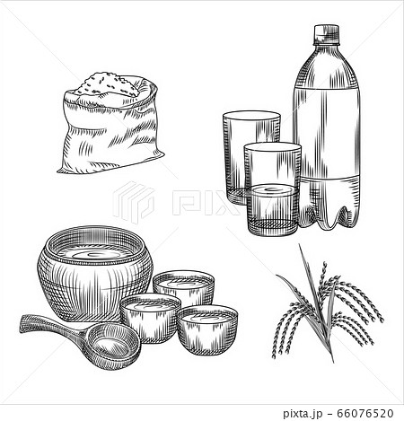Set of makgeolli. Korean traditional alcohol drink rice wine. Bag of rice, plastic bottle, glass, ceramic ware, branch of rice Set of makgeolli. Korean traditional alcohol drink rice wine. Bag of rice, plastic bottle, glass, ceramic ware, branch of rice 66076520