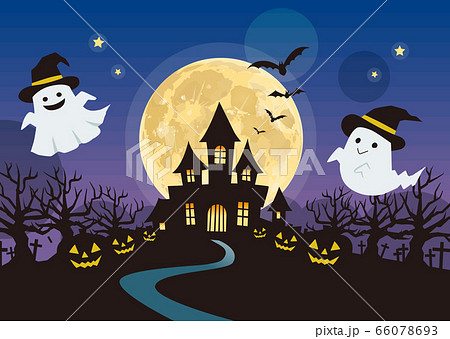 ハロウィン城とゴーストのイラスト素材
