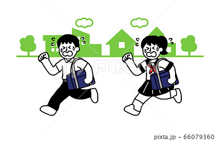 汗をかきながら街中を移動するスクールバッグをもった制服半袖男女(シンプル) 汗をかきながら街中を移動するスクールバッグをもった制服半袖男女(シンプル) 66079360