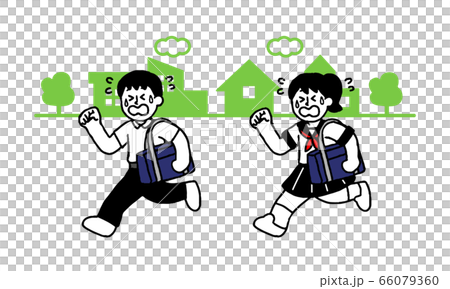 汗をかきながら街中を移動するスクールバッグをもった制服半袖男女(シンプル) 汗をかきながら街中を移動するスクールバッグをもった制服半袖男女(シンプル) 66079360