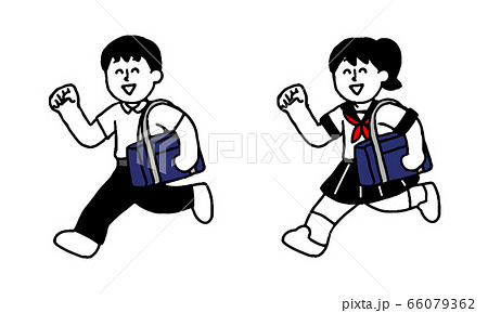 笑顔で移動するスクールバッグをもった制服半袖男女(シンプル) 笑顔で移動するスクールバッグをもった制服半袖男女(シンプル) 66079362