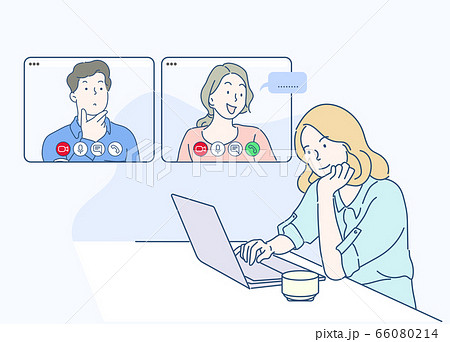 A girl use laptop computer and video call with partner. she work from home because infection control virus covid-19. Hand drawn thin line style, vector illustrations. 66080214